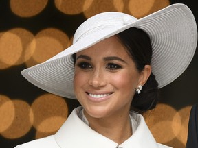 Meghan, Duchess of Sussex, leaves after attending a service of thanksgiving for the reign of Queen Elizabeth II at St Paul's Cathedral in London Friday June 3, 2022.