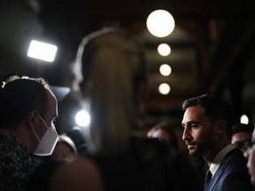 Ontario Minister of Education Stephen Lecce speaks with media following the Speech from the Throne at Queen's Park in Toronto, on Tuesday, Aug. 9, 2022.