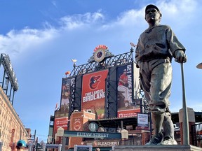 A statue of Babe Ruth stands outside Oriole Park at Camden Yards in Baltimore, Maryland.