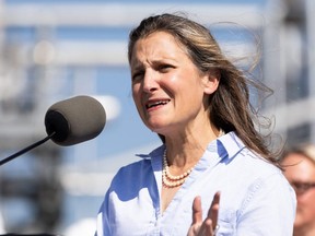 Deputy Prime Minister Chrystia Freeland speaks after touring a hydrogen production facility operated by Air Products, an industrial gases company, before a media conference in Sherwood Park, Alta., Thursday, Aug. 25, 2022.