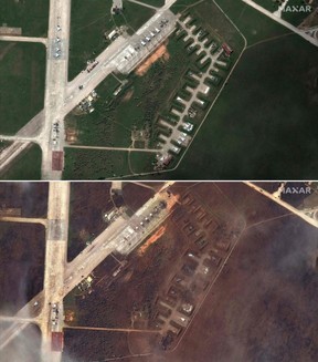 This combination of pictures from handout satellite images courtesy of Maxar Technologies released on Thursday, Aug. 11, 2022 shows the Saki airbase at Novofedorivka, Crimea, before (top) and after (bottom) the reported attack.