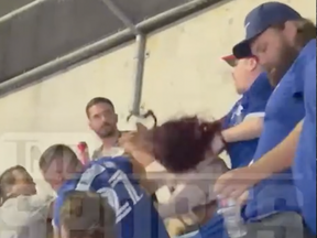 As the Los Angeles Angels were blowing out the Blue Jays in the first game of a homestand, at the top of the stadium a fight broke out between a pair of women. One woman pulled the other's hair during the confrontation, and TMZ reported it got much worse after that.