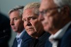 Ontario Premier Doug Ford, centre, attends a press conference with Nova Scotia Premier Tim Houston, left, and New Brunswick Premier Blaine Higgs following a meeting with the Maritime premiers in Moncton, N.B. on Monday, August 22, 2022.