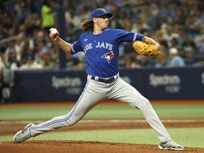 Toronto Blue Jays starting pitcher Kevin Gausman throws against the Tampa Bay Rays during the second inning at Tropicana Field on Tuesday night. The crafty right-hander struck out 10 and allowed just one hit in his eight innings as Toronto eked out a 3-1 victory.