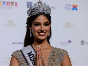 Miss Universe 2021 Harnaaz Sandhu (Miss India) speaks to reporters after winning the 70th Miss Universe beauty pageant in Israel's southern Red Sea coastal city of Eilat on December 13, 2021.