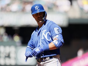 Whit Merrifield of the Kansas City Royals in action against the Seattle Mariners at T-Mobile Park on August 28, 2021 in Seattle.