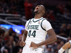 Gabe Brown of the Michigan State Spartans reacts after a play in the game against the Maryland Terrapins during the first half during the Big Ten Tournament at Gainbridge Fieldhouse on March 10, 2022 in Indianapolis, Indiana.