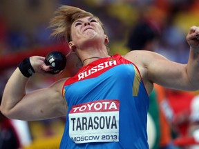 Russia's Irina Tarasova competes in the women's shot put final at the 2013 IAAF World Championships at the Luzhniki stadium in Moscow on August 12, 2013.