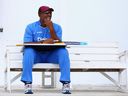 West Indies head coach Phil Simmons during the West Indies nets session at Sir Vivian Richards Stadium on April 11, 2015 in Antigua, Antigua and Barbuda.  