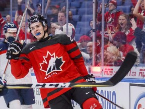 Canada's Sam Steel celebrates his goal against Slovakia during the first period of IIHF World Junior Championship preliminary round hockey action in Buffalo, N.Y. Wednesday December 27, 2017.