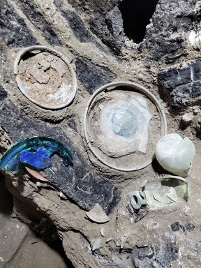 Archeological remains of glass plates, ceramic bowls and vases are discovered in a dig near the ancient Roman city of Pompeii, destroyed in 79 AD in volcanic eruption, Italy.