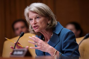 Sen. Lisa Murkowski (R-AK) questions U.S. Secretary of Defense Lloyd Austin and Chairman of the Joint Chiefs of Staff Gen. Mark Milley while they testify before the Senate Appropriations Committee subcommittee on defence in Washington, May 3, 2022.