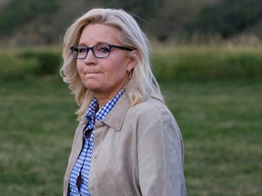 Republican candidate U.S. Representative Liz Cheney looks on during her primary election night party in Jackson, Wyoming, Aug. 16, 2022.