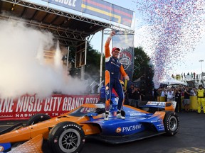 NTT IndyCar driver Scott Dixon (9) celebrates after winning the Music City Grand Prix Aug. 7, 2022 in Nashville.