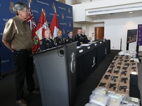 Chief Charles Sampson of the Walpole Island First Nations speaks during a news conference on Wednesday, Aug. 10, 2022, at York Regional Police headquarters after guns and drugs were seized during Project Monarch.