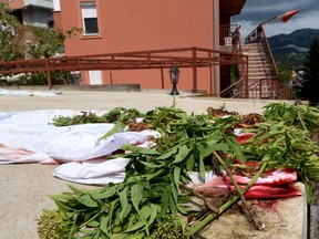 This picture taken Saturday, Aug. 13, 2022, shows the crime scene a day after a mass shooting in Cetinje, Montenegro.