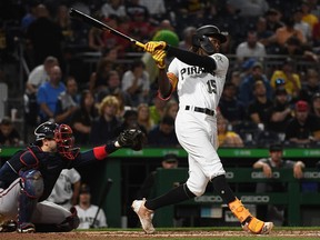 Oneil Cruz of the Pittsburgh Pirates hits a solo home run in the fifth inning during the game against the Atlanta Braves at PNC Park on Aug. 22, 2022 in Pittsburgh, Pa.