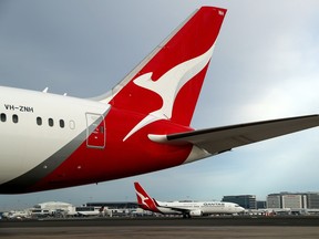 Aircraft operated by Qantas Airways Ltd. on the tarmac at Sydney Airport in Sydney.