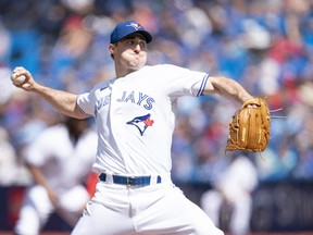 Toronto Blue Jays starting pitcher Ross Stripling throws a pitch against the Los Angeles Angels during the first inning at Rogers Centre, Aug. 28, 2022.