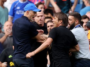 Chelsea manager Thomas Tuchel clashes with Tottenham Hotspur manager Antonio Conte after the match  at Stamford Bridge in London August 14, 2022.