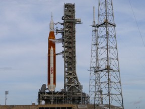 NASA's next-generation moon rocket, the Space Launch System (SLS), sits on the pad as mission managers worked to overcome technical issues, at Cape Canaveral, Florida, August 29, 2022.