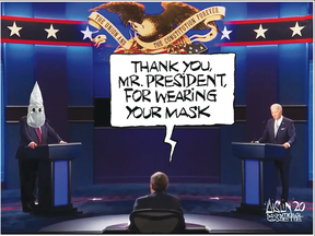 This Aislin image, which was published in the Montreal Gazette on Oct. 1, 2020, depicts then-President Trump and then-former vice-president Joe Biden during one of their presidential debates in 2020. A former Delta Air Lines flight attendant is filing an employment discrimination lawsuit after she was fired for posting the Aislin cartoon image on her personal Facebook page, CNN reported Saturday.