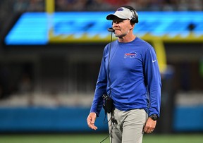 Buffalo Bills head coach Sean McDermott watches the team play against the Carolina Panthers during the second quarter of a preseason game at Bank of America Stadium in Charlotte, North Carolina on August 26, 2022.