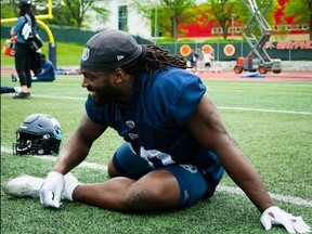 Argonauts defensive end Robbie Smith, doing some stretching at practice, will get the start against the Hamilton Tiger-Cats tonight at BMO Field with Ja’Gared Davis sidelined by an injury.