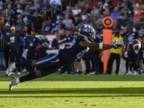 Toronto Argonauts wide receiver Cam Phillips dives for the ball during his team's game against the Ottawa Redblacks, in Toronto on July, 31, 2022.