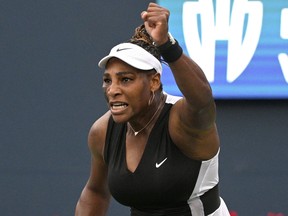 Serena Williams (USA) reacts after winning a point against Nuria Parrizas Diaz (ESP) in first round play in the National Bank Open at Sobeys Stadium in Toronto Aug. 8, 2022.