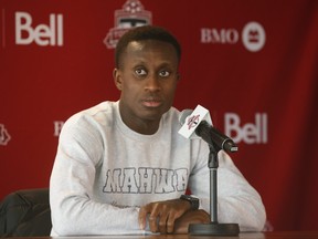 Toronto FC Richie Laryea talks to reports about the the past season and juggling time betweenTFC and the national team t the Training Academy at Downsview in Toronto, Ont. on Wednesday November 24, 2021.