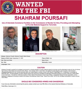 An FBI wanted poster shows Shahram Poursafi, also known as Mehdi Rezayi of Tehran, Iran.