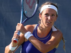 Victoria Azarenka returns a shot against Dayana Yastremska during Day 4 of the Citi Open at Rock Creek Tennis Center in Washington, D.C., Aug. 2, 2022.