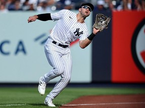 Jul 30, 2022; Bronx, New York, USA; New York Yankees right fielder Joey Gallo (13) catches a pop fly by Kansas City Royals center fielder Michael A. Taylor (not pictured) during the ninth inning at Yankee Stadium.