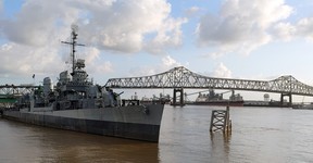 The USS Kidd Veterans Museum is berthed on the Mississippi River in front of the Horace Wilkinson Bridge in Baton Rouge, La. (Dave Pollard/Toronto Sun)