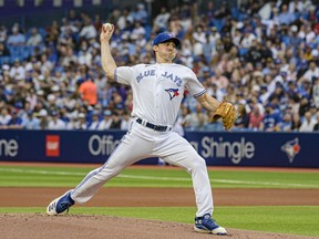 Toronto Blue Jays starting pitcher Ross Stripling (48) throws the ball during first inning MLB baseball action against the New York Yankees, in Toronto on Friday, June 17, 2022. The Blue Jays have placed Stripling on the 15-day injured list with a right hip strain.