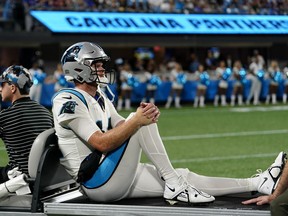 Carolina Panthers quarterback Sam Darnold leaves the field on a cart after getting injured during the second half of an NFL preseason football game against the Buffalo Bills on Friday, Aug. 26, 2022, in Charlotte, N.C.