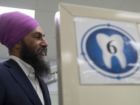NDP Leader Jagmeet Singh is seen in a dental hygienist training facility at a college in Sudbury, Ontario on Wednesday, Sept. 18, 2019.