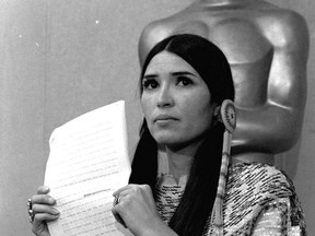 Sacheen Littlefeather appears at the Academy Awards ceremony to announce that Marlon Brando was declining his Oscar as best actor for his role in "The Godfather," on March 27, 1973.