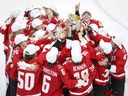 Team Canada celebrates defeating the United States to win gold at the IIHF Women's World Championship in Calgary, Tuesday, Aug. 31, 2021. Canada will host the 2023 women's world hockey championship.