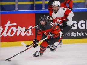 Sarah Fillier, of Canada, front, in action with Shannon Sigrist of Switzerland during the IIHF World Championship in Herning, Denmark, Saturday, Aug. 27, 2022.