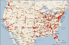 Jeder rote Punkt symbolisiert den Mord an einer Frau entlang des Autobahnsystems der US Interstate.  FBI