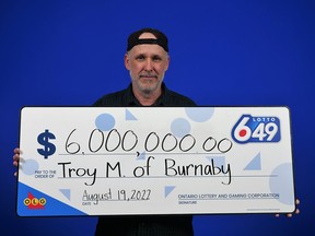 Troy Maulding of Burnaby, B.C. is $6 million richer after winning the 6/49 top prize on Aug. 6, 2022.
