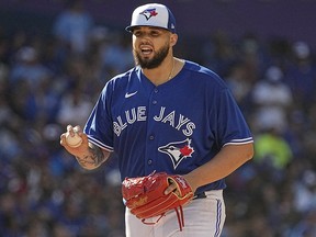 Blue Jays starting pitcher Alek Manoah against the Los Angeles Angels at Rogers Centre.