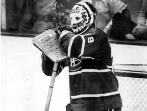 Former Montreal Canadiens goaltender Ken Dryden rests on his stick during a 1979 game.