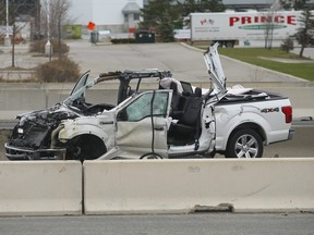 A Ford F-150 pickup truck is pictured in a crash in Mississauga in a photo taken on Nov. 21, 2020.