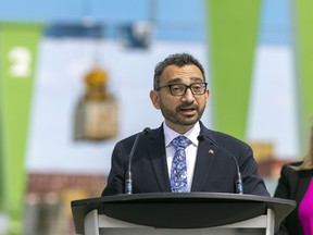 Federal Minister of Transport Omar Alghabra makes an announcement about new funding to improve rail safety and efficiency in Regina and southern Saskatchewan on Thursday, July 14, 2022.