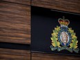 The RCMP logo is seen outside Royal Canadian Mounted Police "E" Division Headquarters, in Surrey, B.C., April 13, 2018.