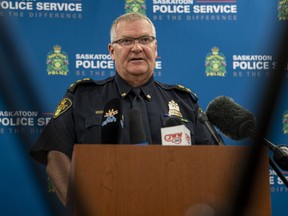 Saskatoon police Deputy Chief Randy Huisman speaks at a media event in Saskatoon, Monday, August 8, 2022.