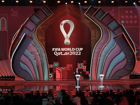 FIFA President Gianni Infantino speaks before the 2022 soccer World Cup draw at the Doha Exhibition and Convention Center in Doha, Qatar, on April 1, 2022.